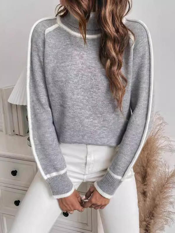 Long Sleeves Loose Contrast Color Split-Joint High Neck Sweater Tops Product Image
