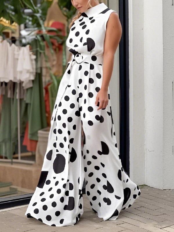 High Waisted Sleeveless Polka-Dot Mock Neck Jumpsuits Product Image