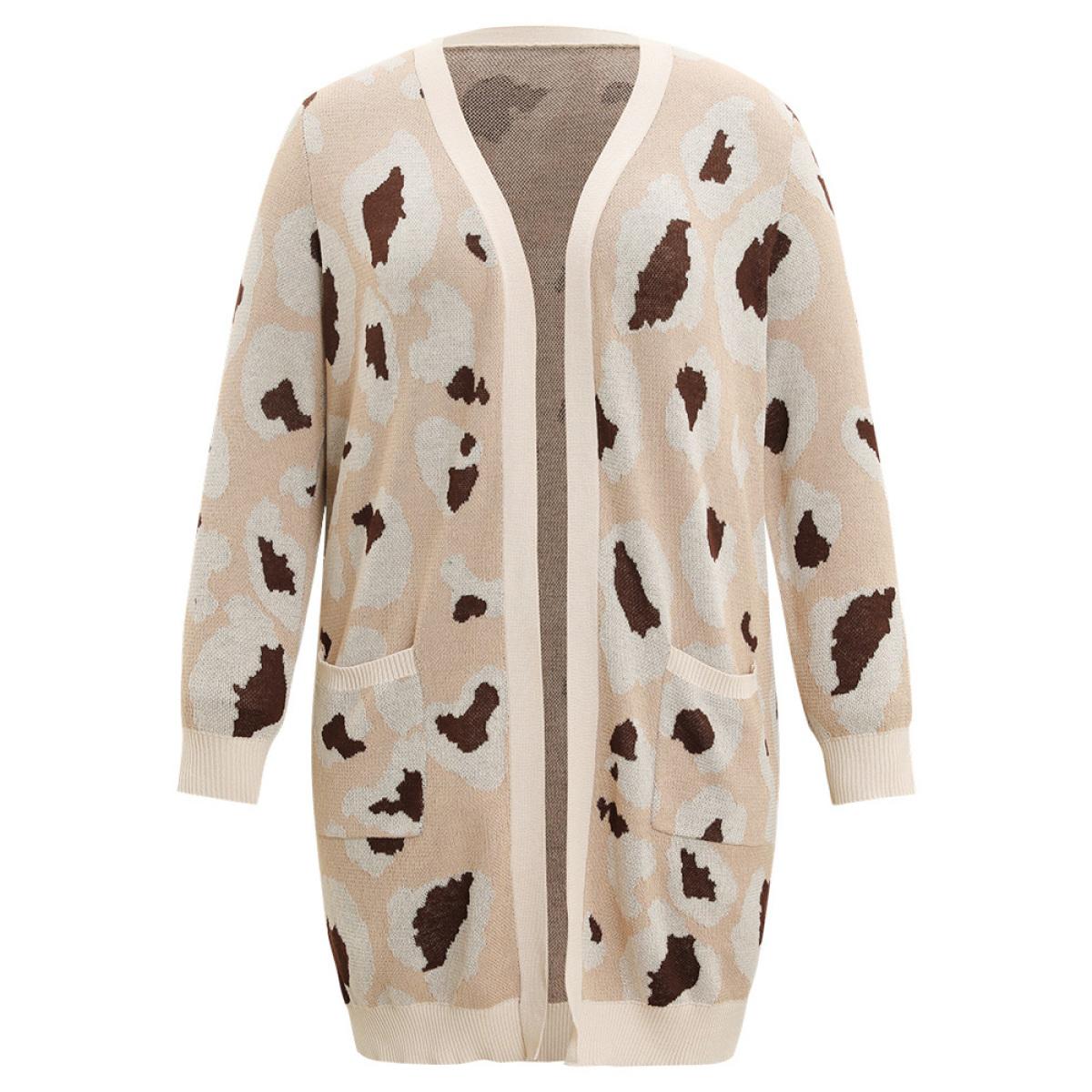 Plus Size Leopard Print Open Front Patched Pocket Cardigan Leopard Women Casual Loose Long Sleeve Dailywear Cardigans BloomChic 12/L Product Image