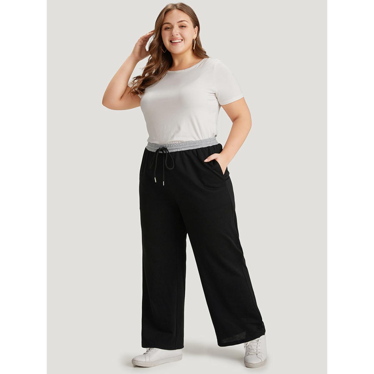 Plus Size Contrast Patchwork Drawstring Straight Leg Pants Women Black Casual High Rise Dailywear Pants BloomChic 10/M Product Image