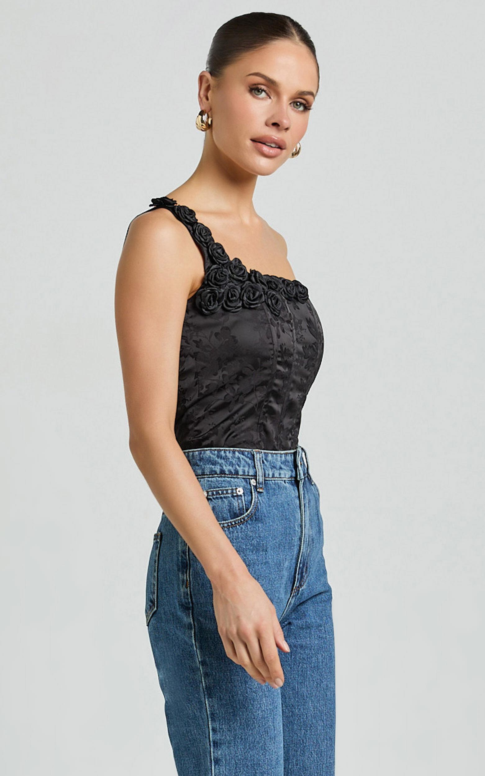 Gemma Top - One Shoulder Rosette Detail Top in Black Product Image