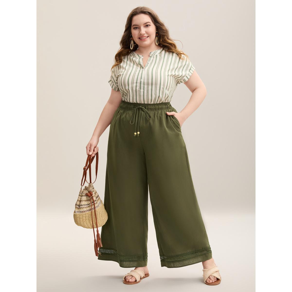 Plus Size Drawstring Lace Detail Wide-Leg Pants Women ArmyGreen Boho Wide Leg Mid Rise Vacation Pants BloomChic 12/L Product Image