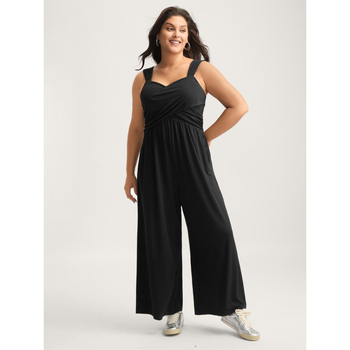 Plus Size Black Overlap Bodice Wide Straps Jumpsuit Women Sleeveless Overlap Collar Everyday-Casual Loose Jumpsuits BloomChic 28/5X Product Image