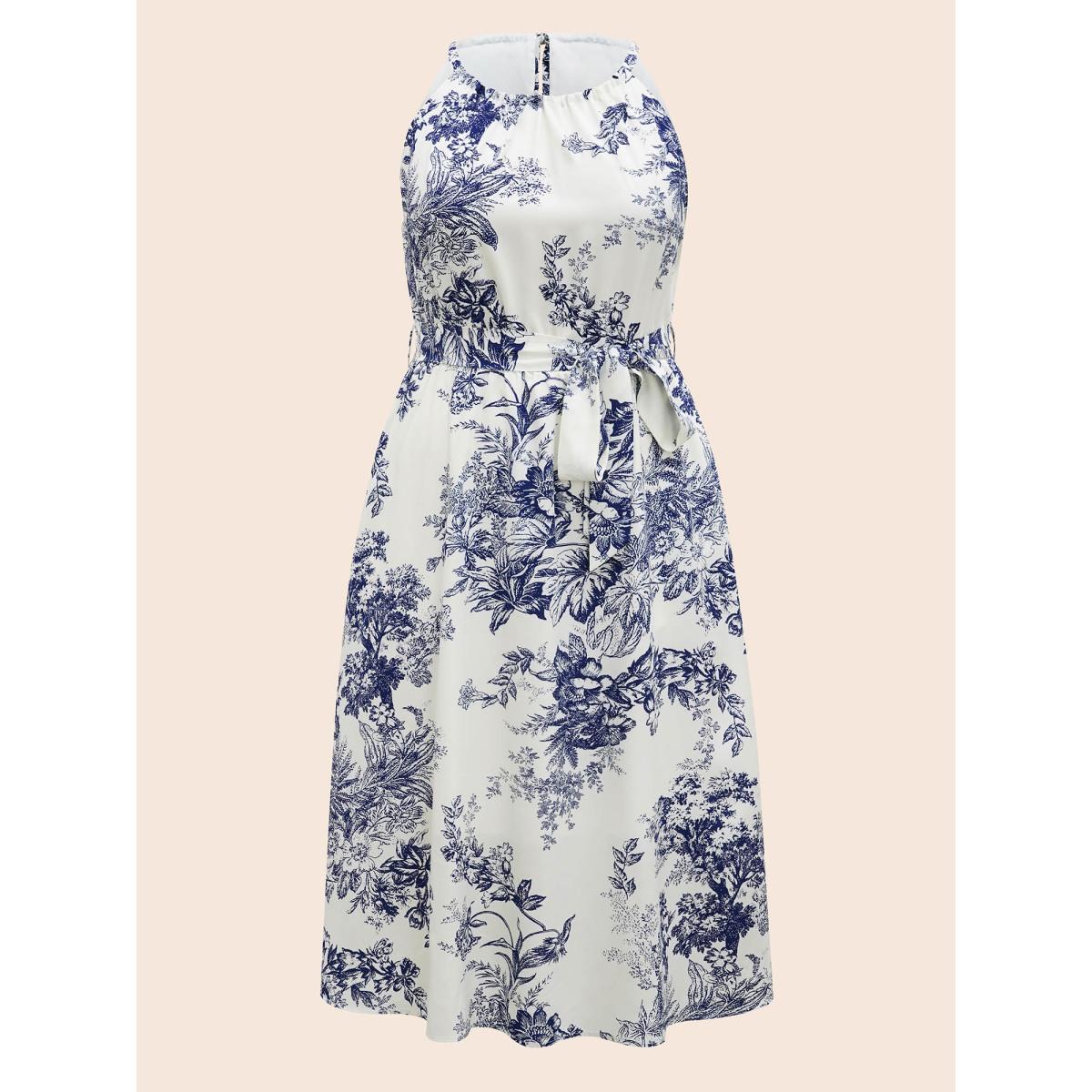 Plus Size Spring Time Florals Sleeveless Midi Dress WhiteSmoke Women Romantic Gathered Halter neck Sleeveless Curvy BloomChic 18-20/2X Product Image