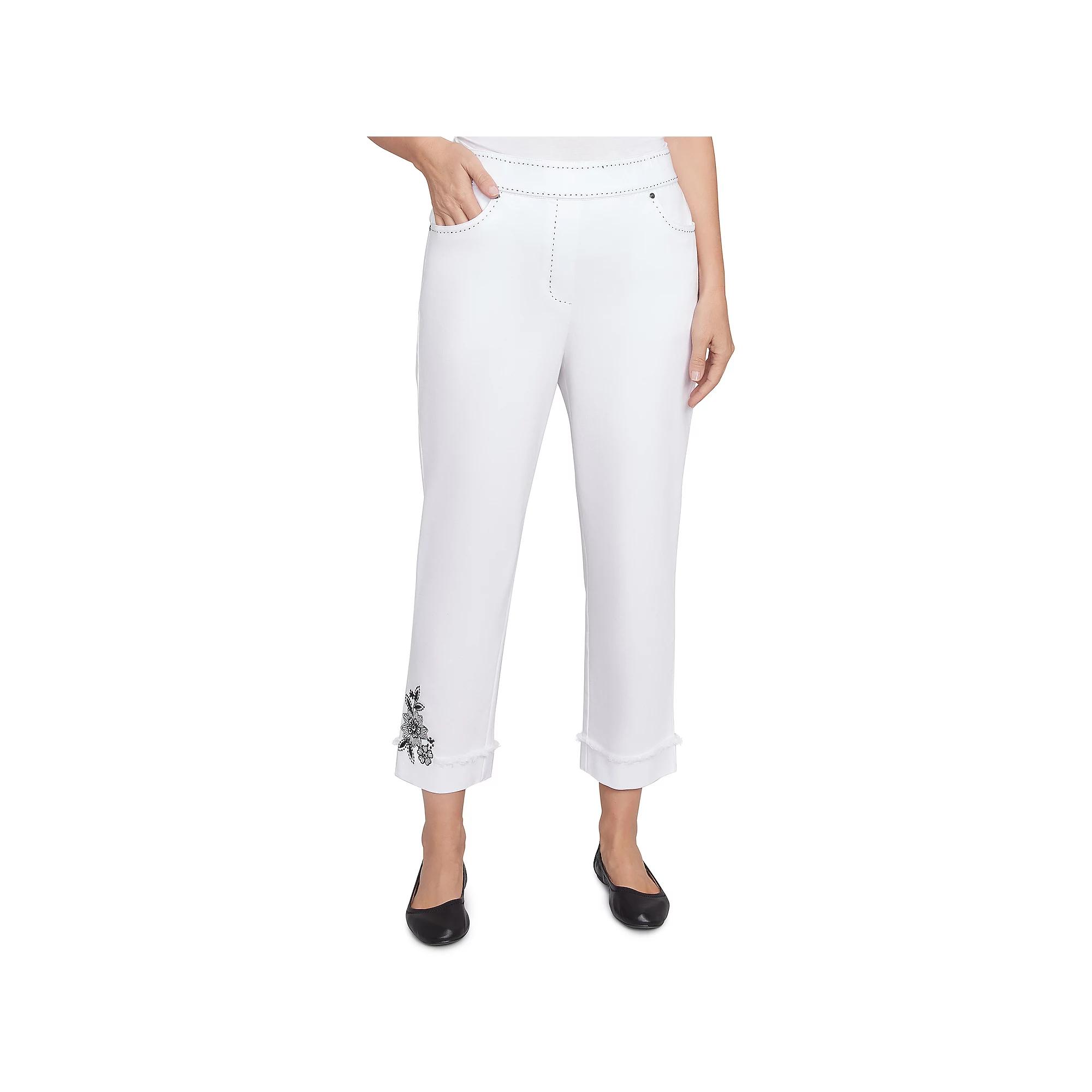 Women's Alfred Dunner Floral Embroidered Denim Cuffed Ankle Pants, Size: 14, White Product Image