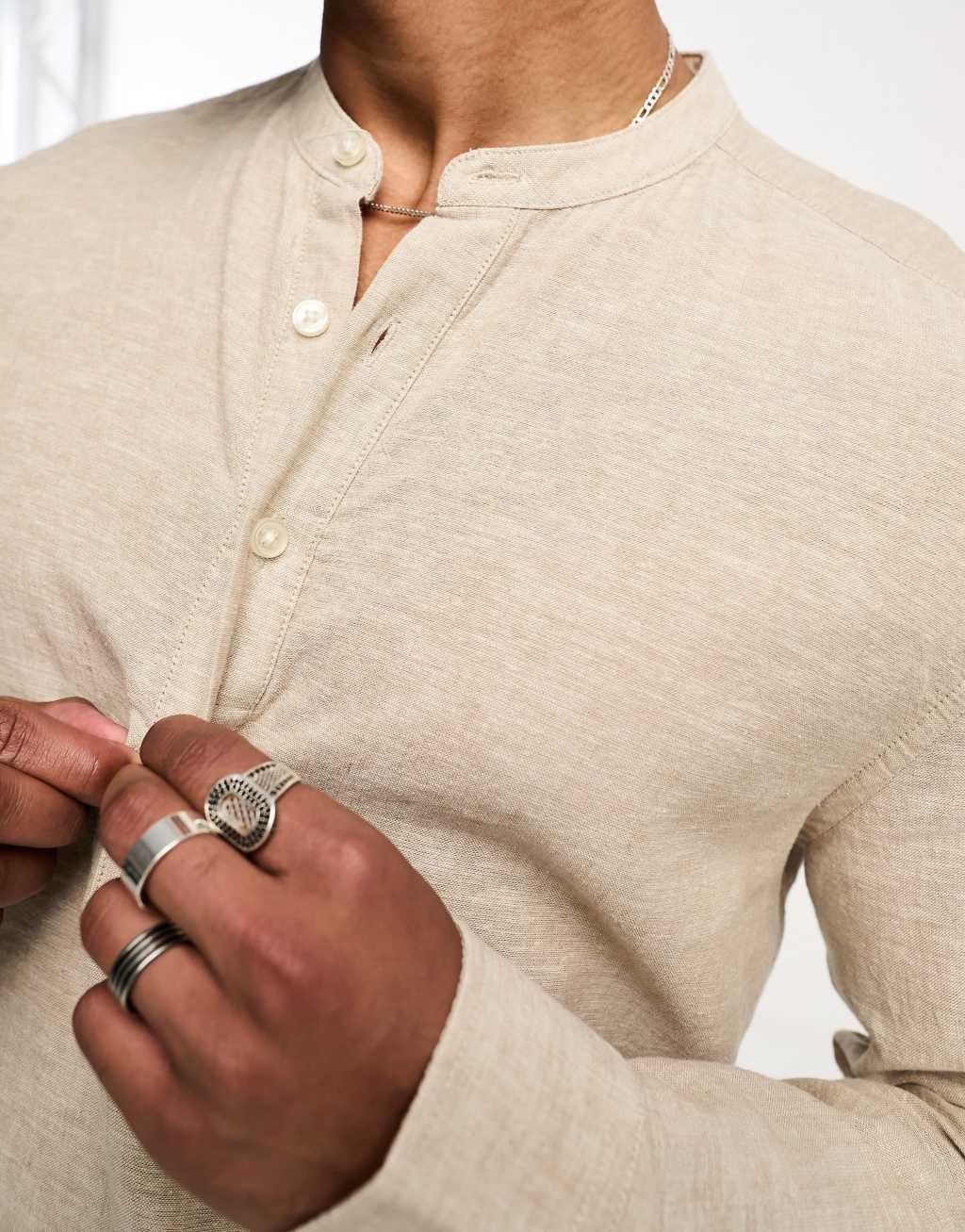 Only & Sons linen mix overhead shirt in beige Product Image