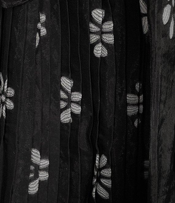 Buru Blanche Floral Print Pleated Split V-Neckline 3/4 Balloon Sleeve Tie Waist Mini Dress Product Image