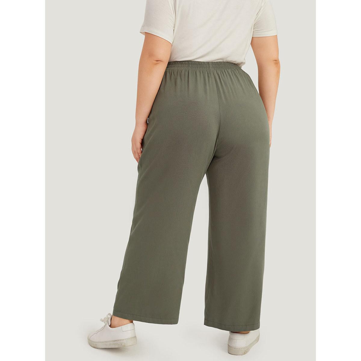 Plus Size Solid Elastic Waist Pocket Ties Pants Women ArmyGreen Casual Straight Leg High Rise Dailywear Pants BloomChic 14-16/1X Product Image