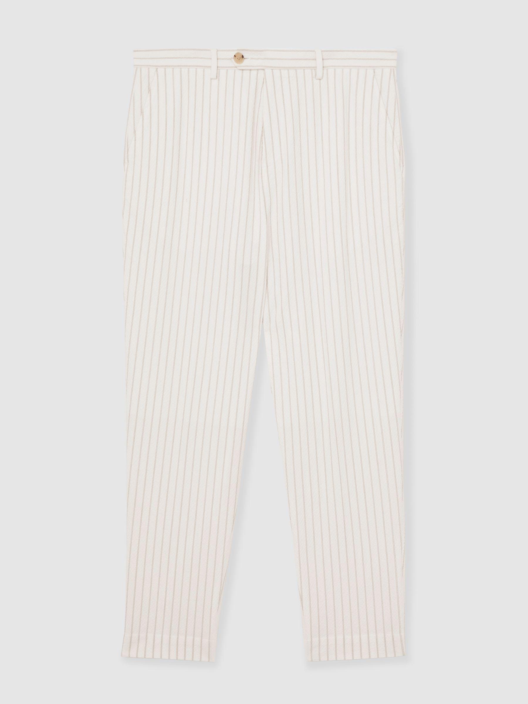Regular-Fit Cotton-Blend Pinstripe Trousers in Off White/Taupe Brown Product Image