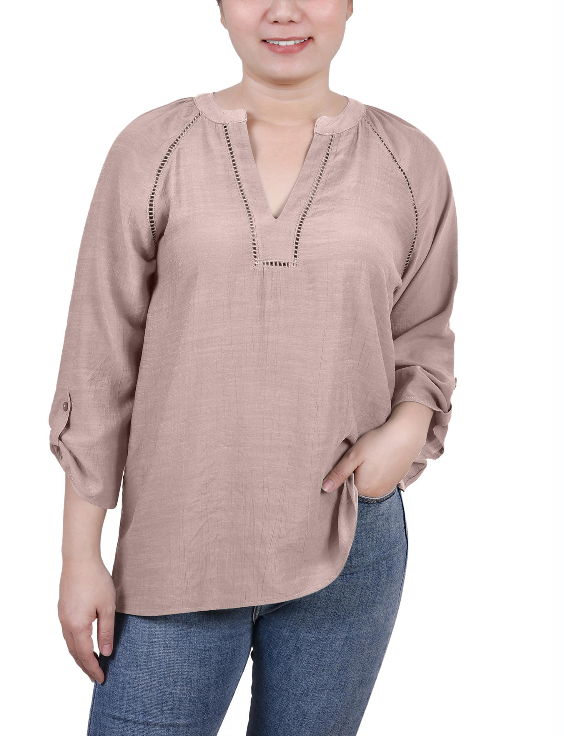 Oxford Tan Raglan Sleeve Split Neck Blouse Product Image