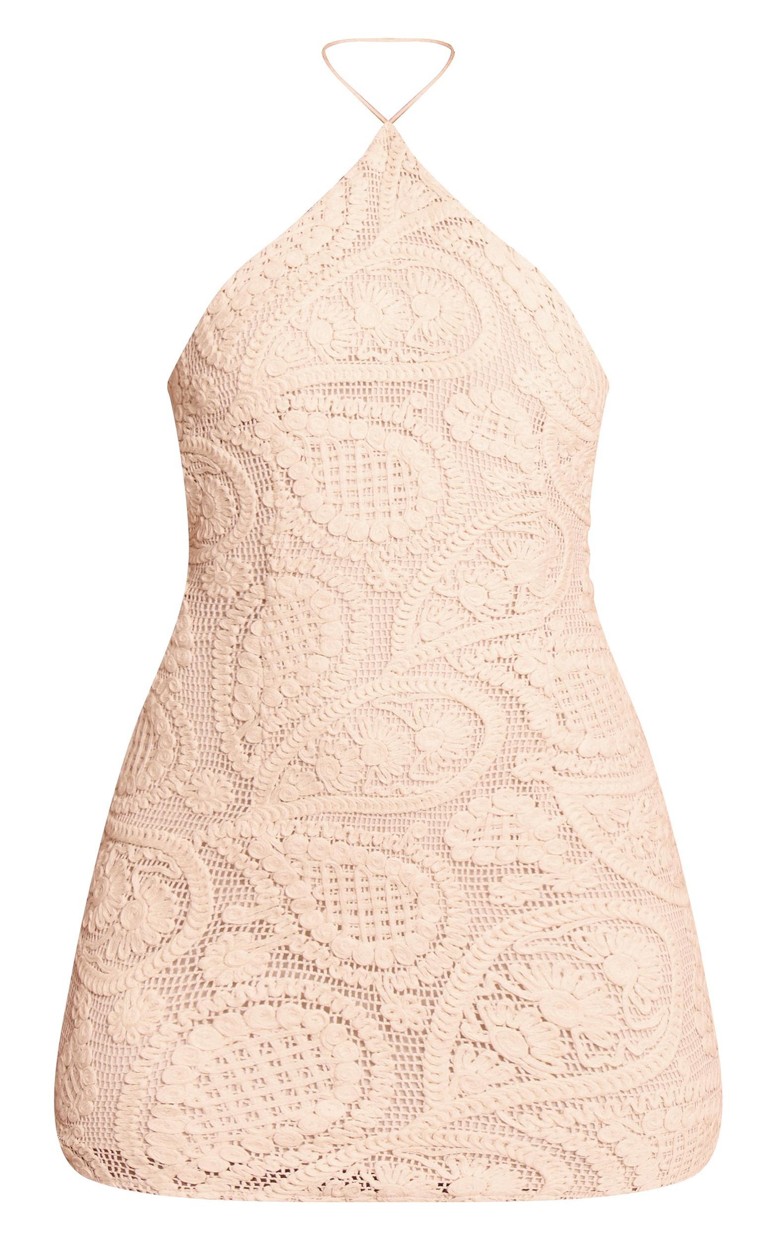 Cream Textured Tie Halterneck Bodycon Dress Product Image