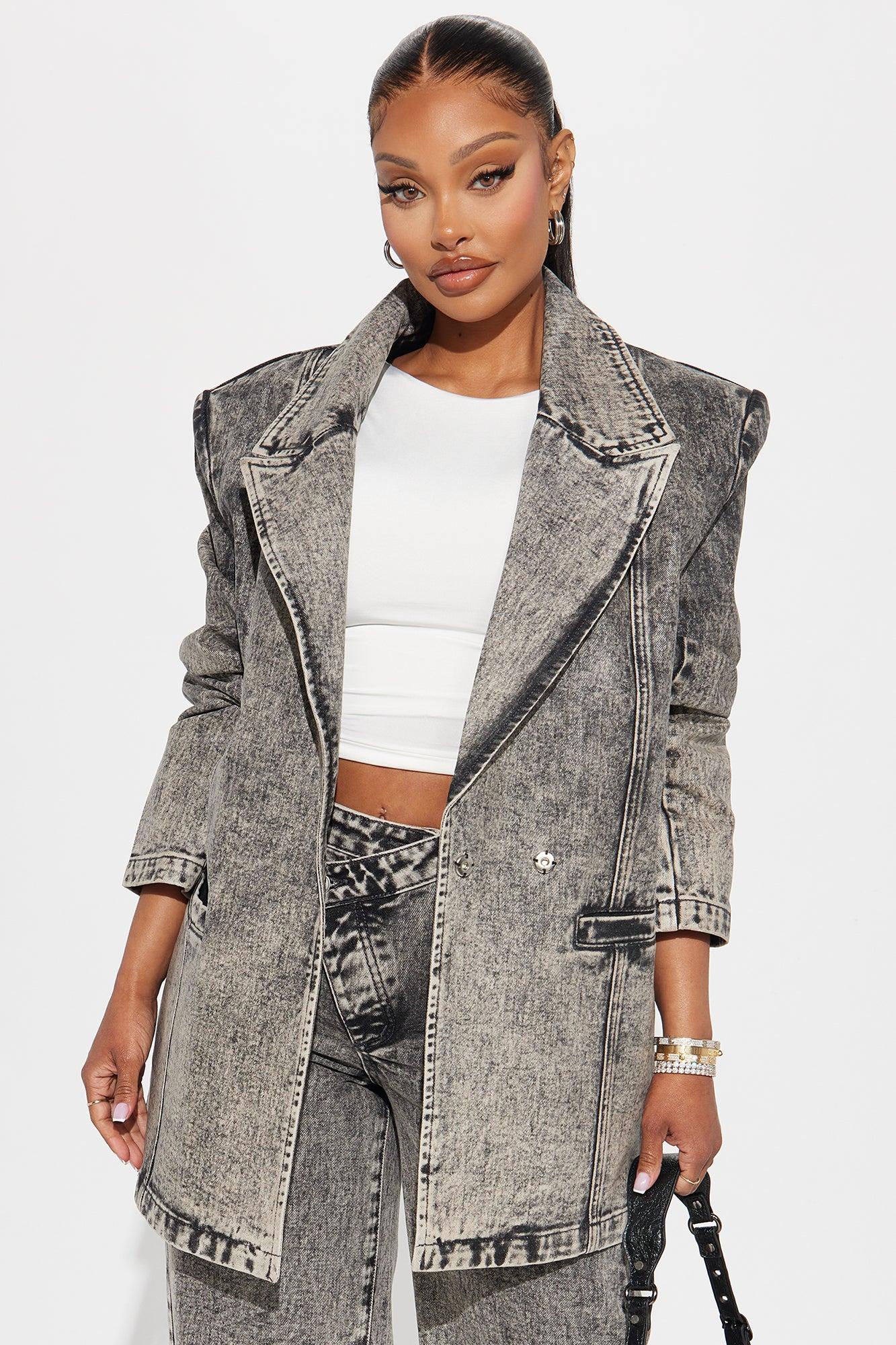 Know What I Want Coated Denim Blazer - Acid Wash Grey Product Image