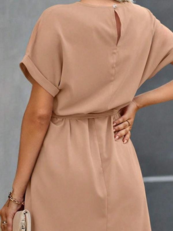 Loose Short Sleeves Solid Color Tied Waist Round-Neck Mini Dresses Product Image