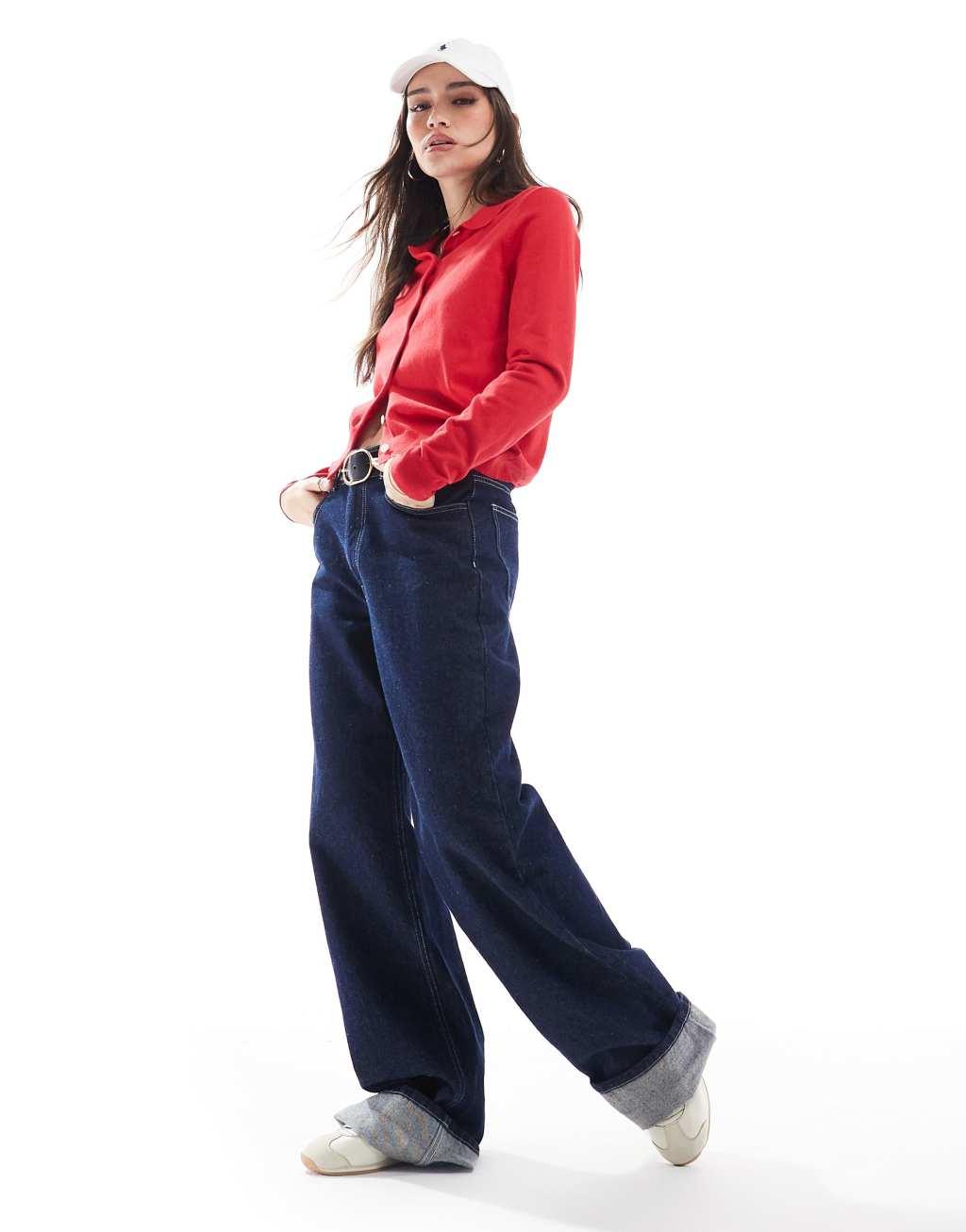 Polo Ralph Lauren collared button front cardigan with logo in red Product Image