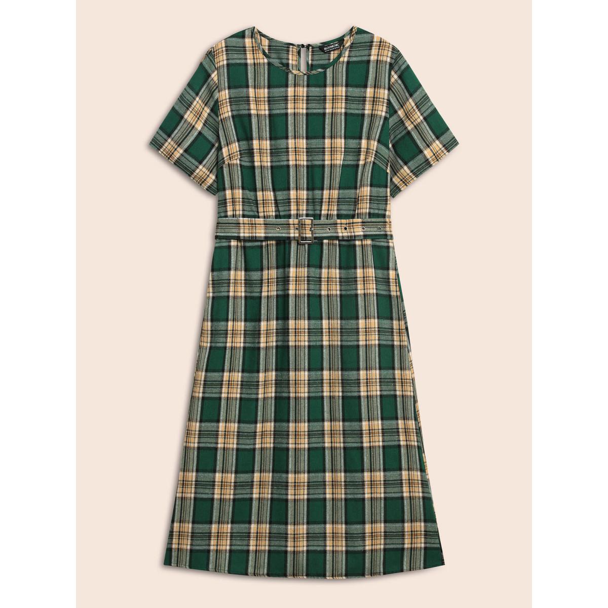 Plus Size Round Neck Plaid Belted Midi Dress DarkGreen Women Casual Belted Round Neck Short sleeve Curvy BloomChic 22-24/3X Product Image