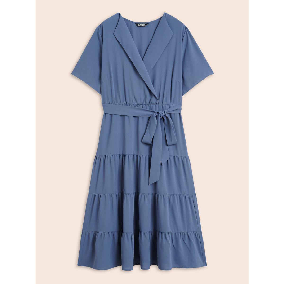 Plus Size Suit Collar Ruffle Layered Hem Dress Stone Women Workwear Essentials Belted Suit Collar Short sleeve Curvy BloomChic 18-20/2X Product Image