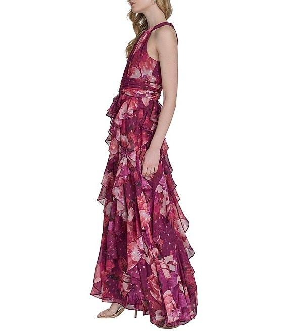 Eliza J Halter Neck Chiffon Floral Print Ruffled Maxi Dress Product Image