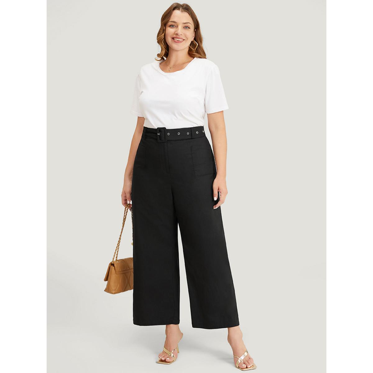 Plus Size Solid Pocket Eyelet Detail Buckle Belted Pants Women Black Office Wide Leg High Rise Dailywear Pants BloomChic 30/6X Product Image
