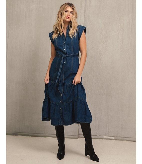 ELAN Denim V-Neck Short Cap Sleeve Midi Dress Product Image
