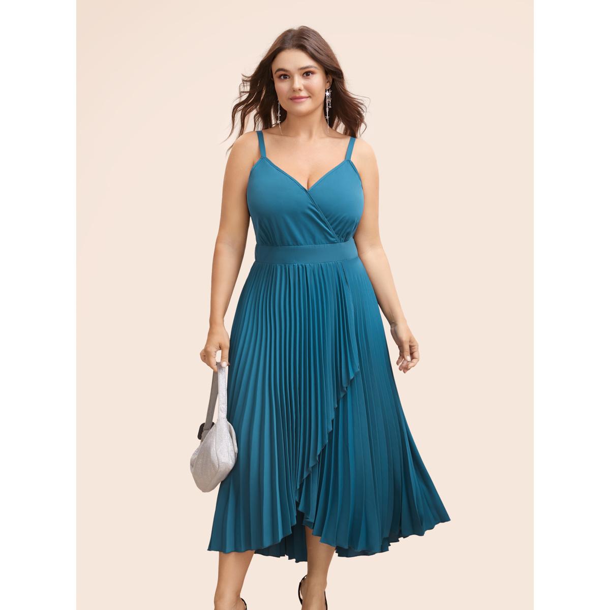 Plus Size Solid Shirred Wrap Hem Cami Dress Aegean Women Cocktail Overlapping Overlap Collar Sleeveless Curvy BloomChic 22-24/3X Product Image