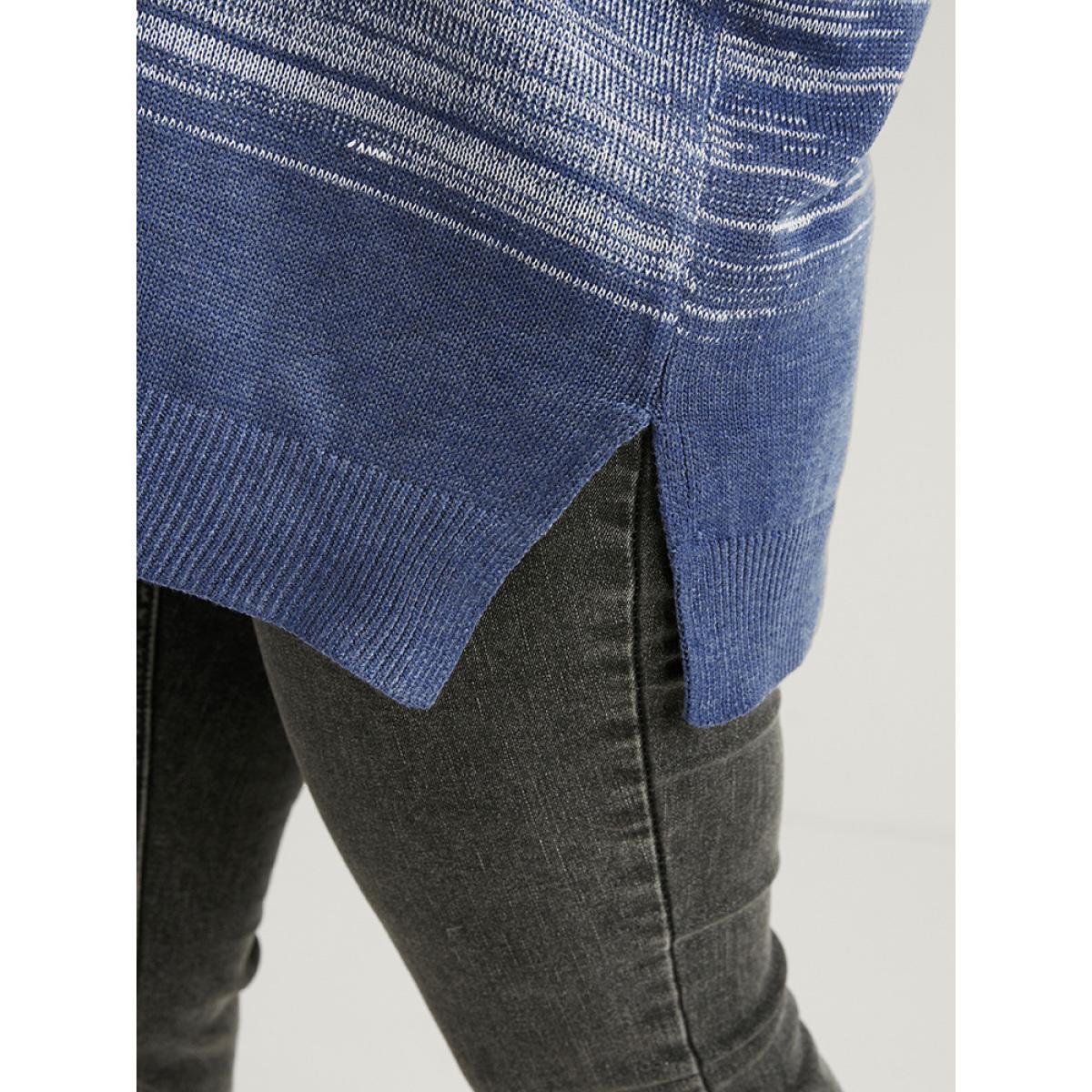 Plus Size Ombre Contrast Mixed Yarn Knit Split Hem Knit Top Indigo Women Casual Loose Long Sleeve Dailywear Pullovers BloomChic 12/L Product Image