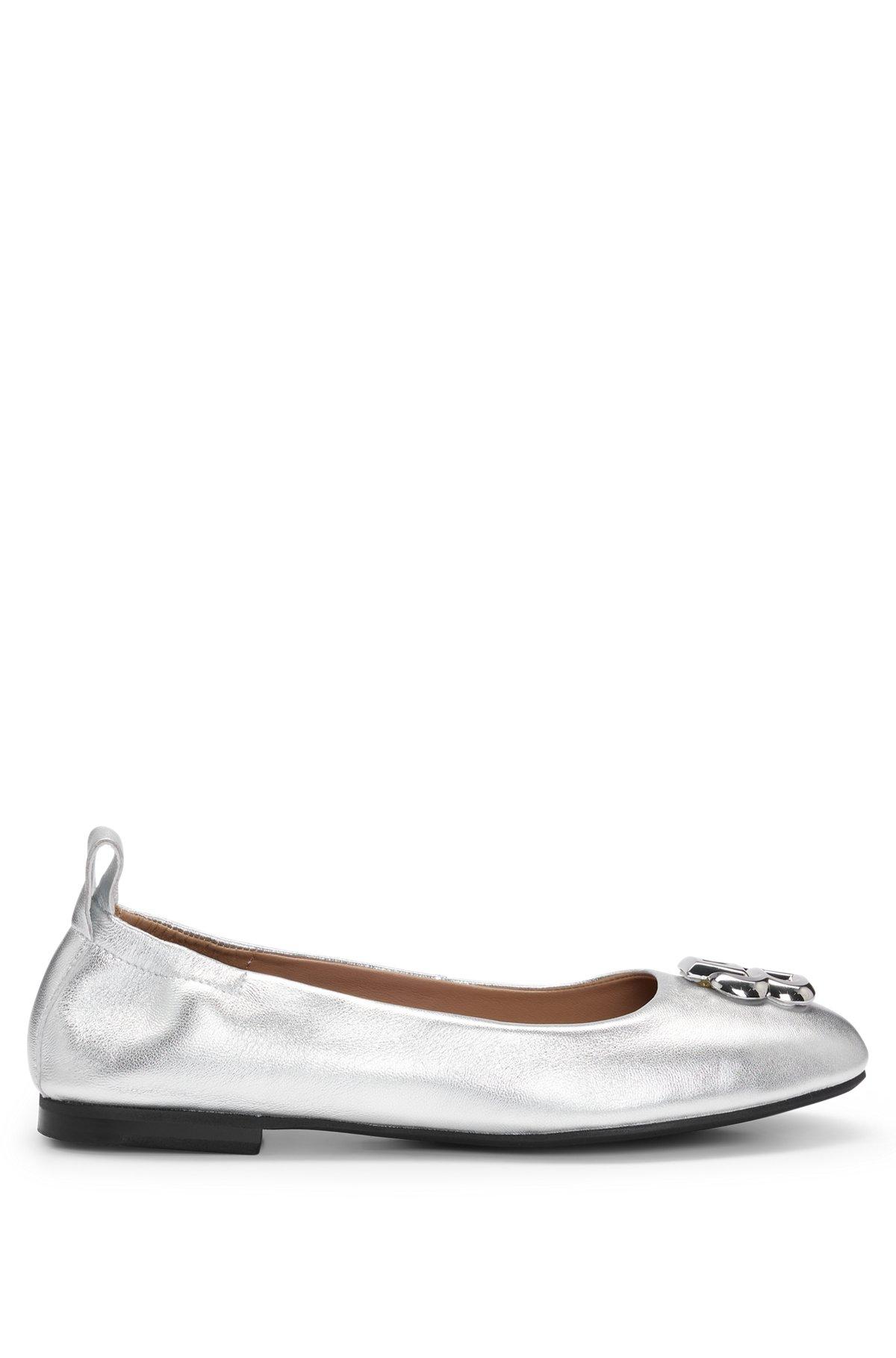 BOSS - Metallic-leather ballerina pumps with Double B monogram - Silver Product Image