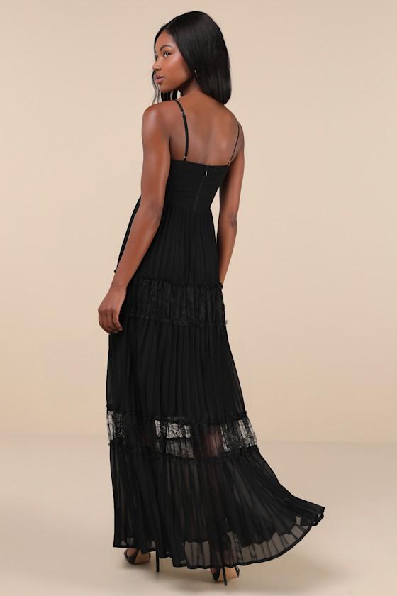 Stunning RSVP Black Pleated Lace Sleeveless Bustier Maxi Dress Product Image