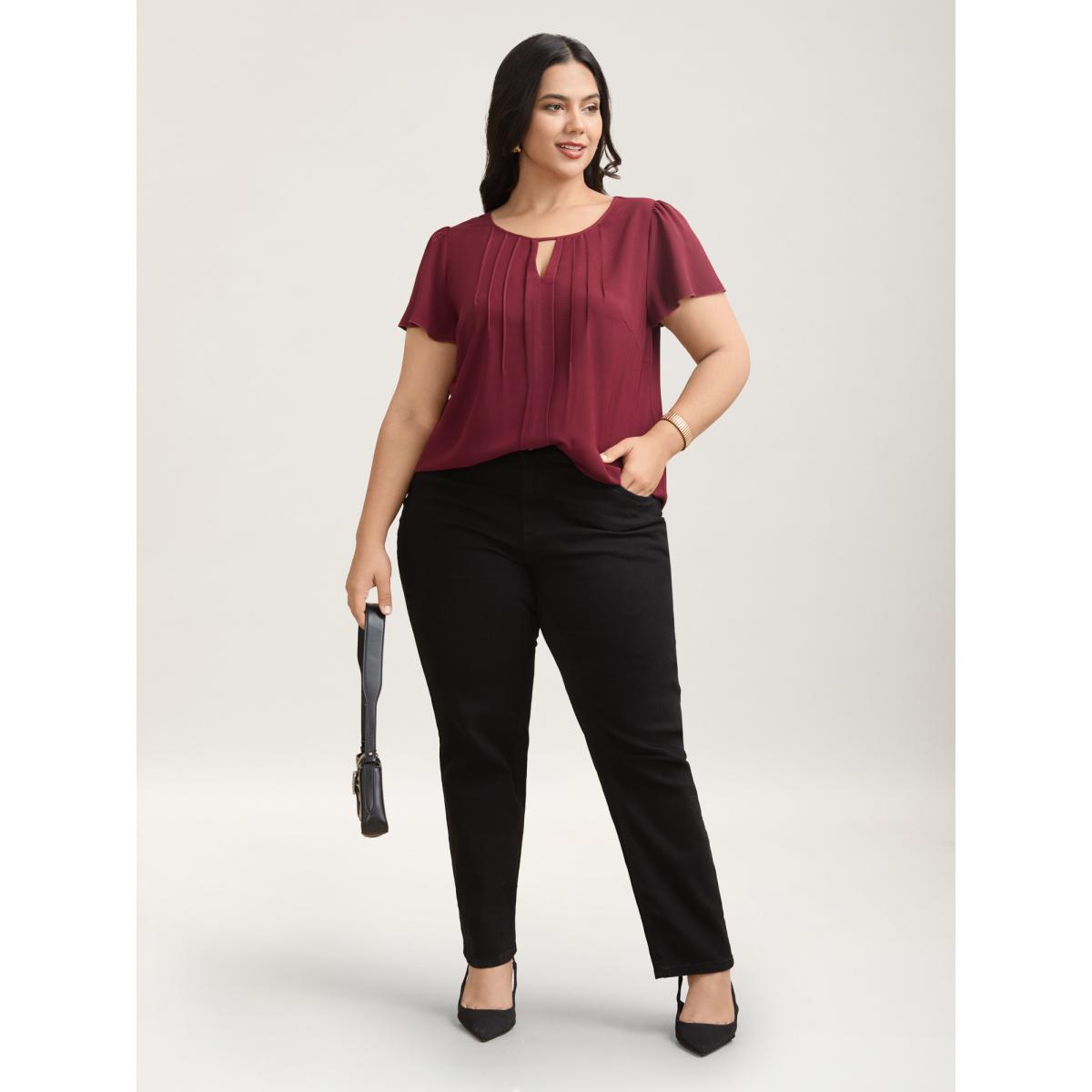 Plus Size Scarlet Plain Neck Cut-Out Pintuck Shirt Women At the Office Short sleeve Round Neck Work Blouses BloomChic 28/5X Product Image