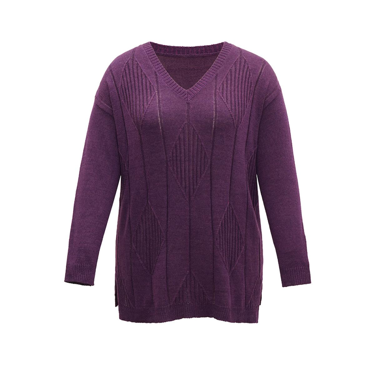 Plus Size Geometric V Neck Split Hem Pullover Purple Women Casual Long Sleeve V-neck Dailywear Pullovers BloomChic 12/L Product Image