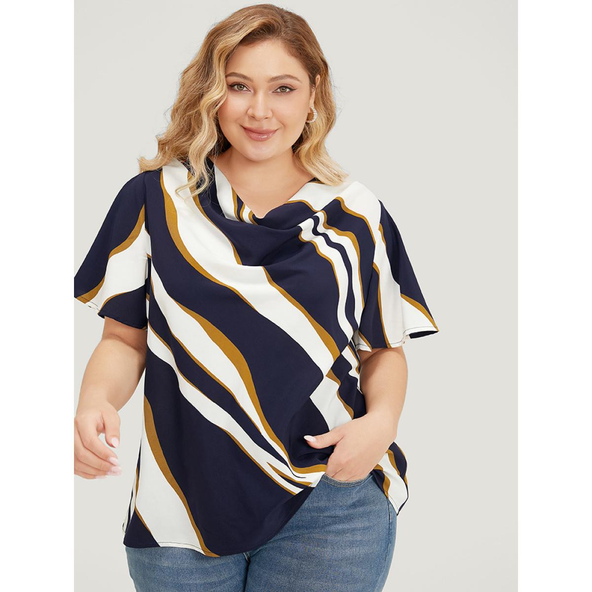 Plus Size Multicolor Geometric Contrast Cowl Neck Ruffle Sleeve Blouse Women Office Short sleeve Cowl Neck Work Blouses BloomChic 30/6X Product Image