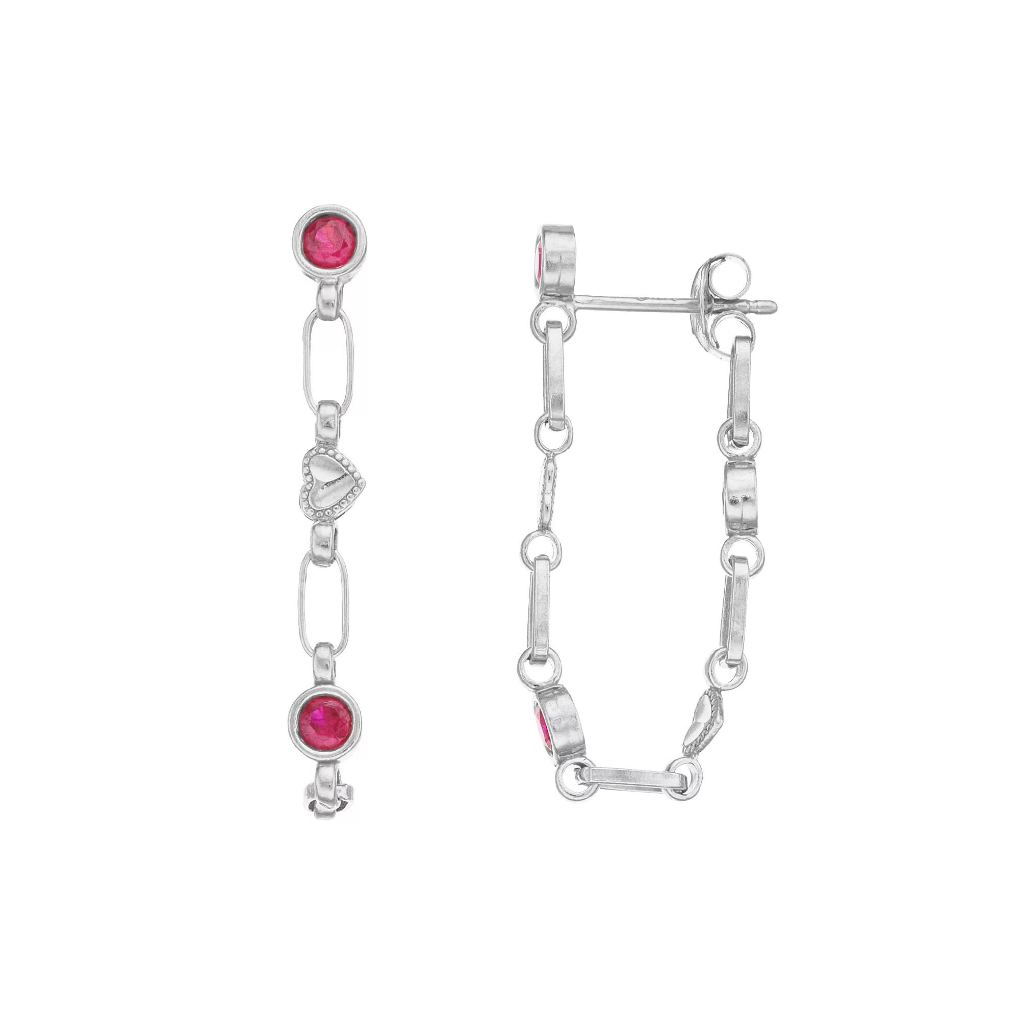 Kristen Kesho Sterling Silver Lab-Created Ruby Front-to-Back Heart Link Chain Hoop Earrings, Women's Product Image