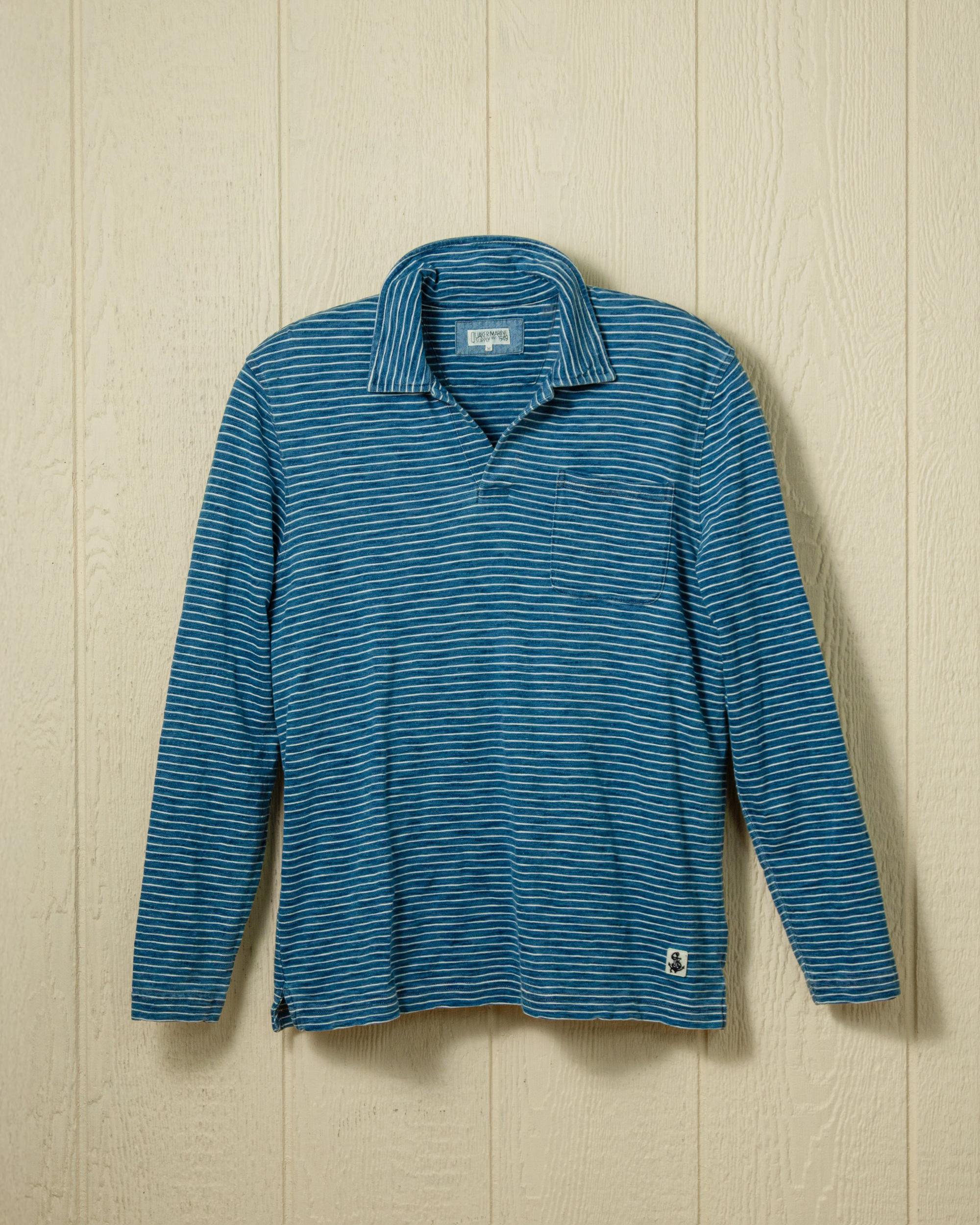 Long Sleeve Indigo Polo in Blue/White Slub Stripe Product Image