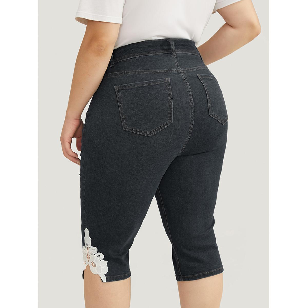 Plus Size Very Stretchy High Rise Medium Wash Guipure Lace Knee Denim Shorts Women DimGray High stretch Everyday Patch pocket Casual Denim Shorts BloomChic 24/3X Product Image
