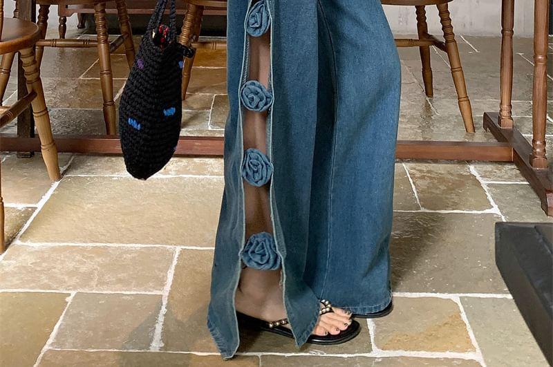 High Waist Washed Flower Detail Wide Leg Jeans Product Image
