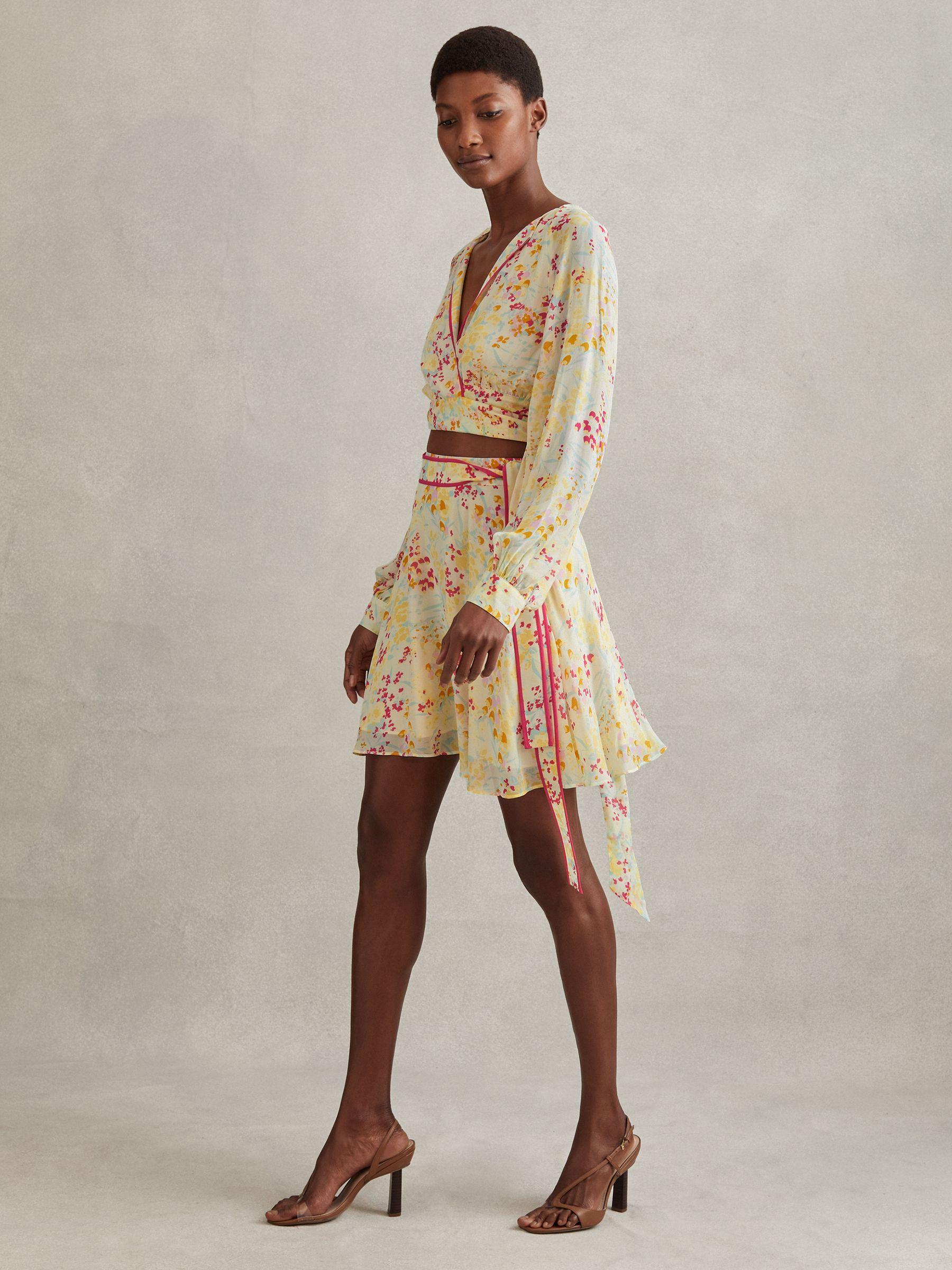 Floral Print Tie Waist Mini Skirt in Pink/Yellow Product Image