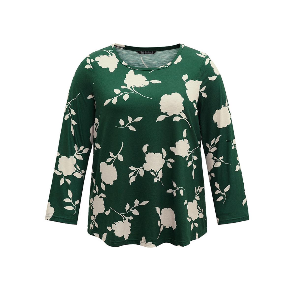 Plus Size Silhouette Floral Print Crew Neck T-shirt DarkGreen Women Casual Texture Silhouette Floral Print Round Neck Dailywear T-shirts BloomChic 22-24/3X Product Image