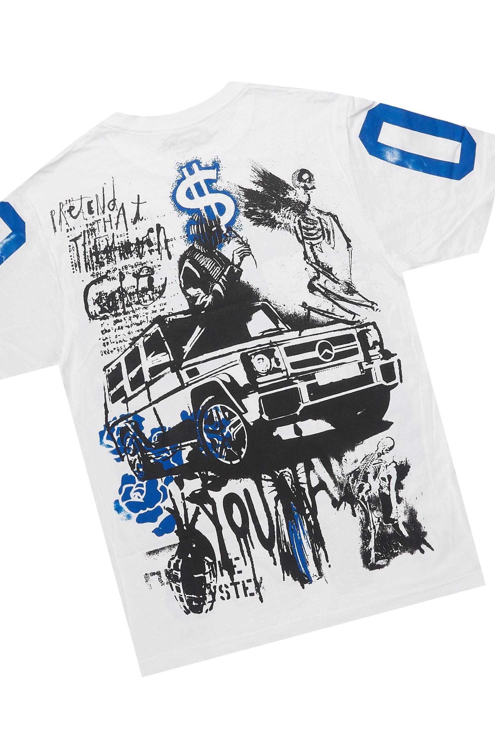 Grill White/Blue Oversized Graphic T-Shirt/Dag Stacked Flare Jean Set Male Product Image