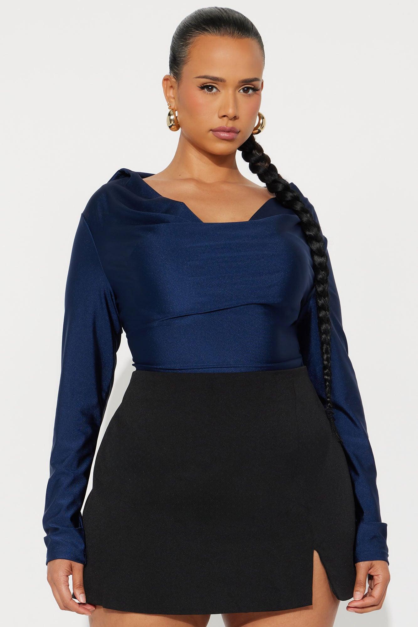 Only Source Long Sleeve Cowl Neck Bodysuit - Navy Female Product Image