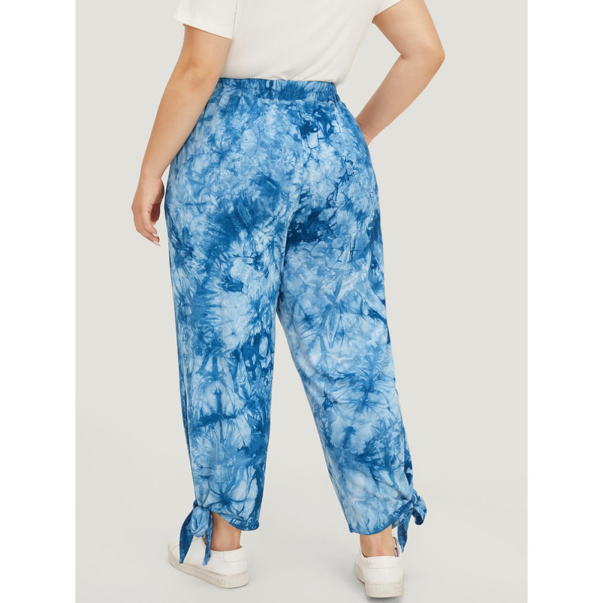 Plus Size Tie Dye Pocket Cut Out Knotted Hem Pants Women Blue Casual Mid Rise Dailywear Pants BloomChic 12/L Product Image