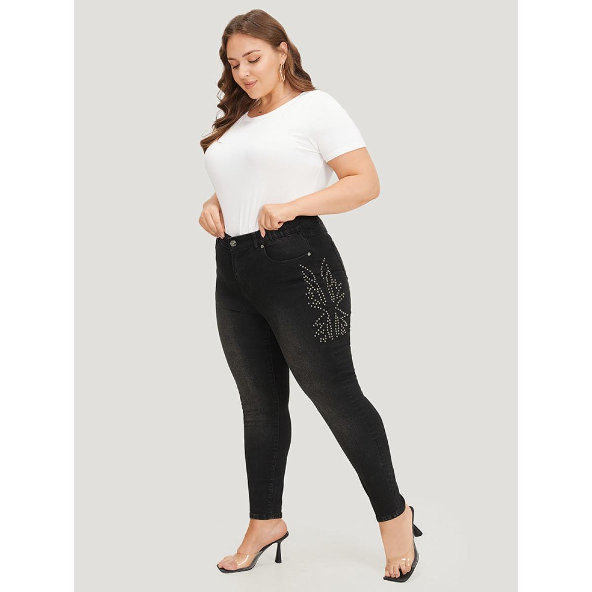 Plus Size Beaded Detail Pocket Very Stretchy Black Wash Jeans Women Black Casual Plain Beaded High stretch Pocket Jeans BloomChic 22/3X Product Image