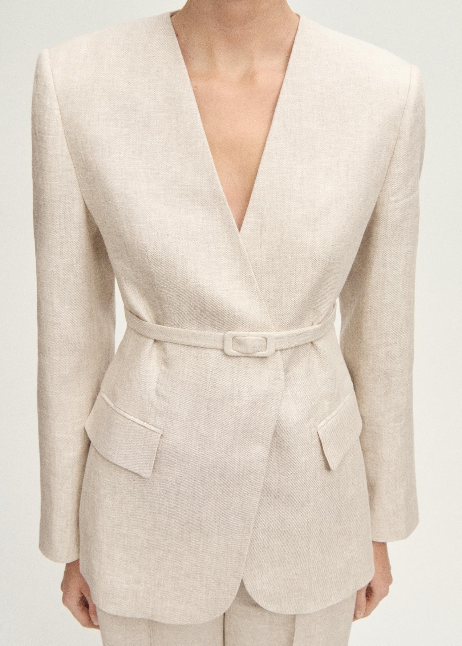 Linen suit blazer with belt - Women | MANGO USA Product Image