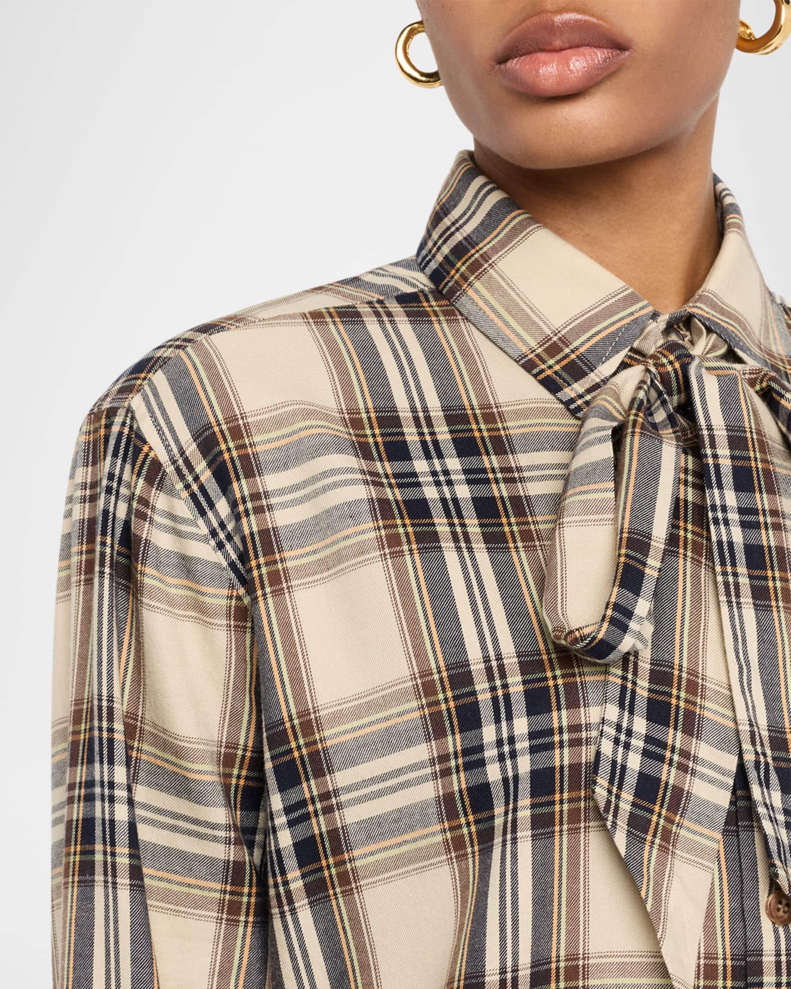 Neck-Tie Plaid Button-Down Blouse Product Image