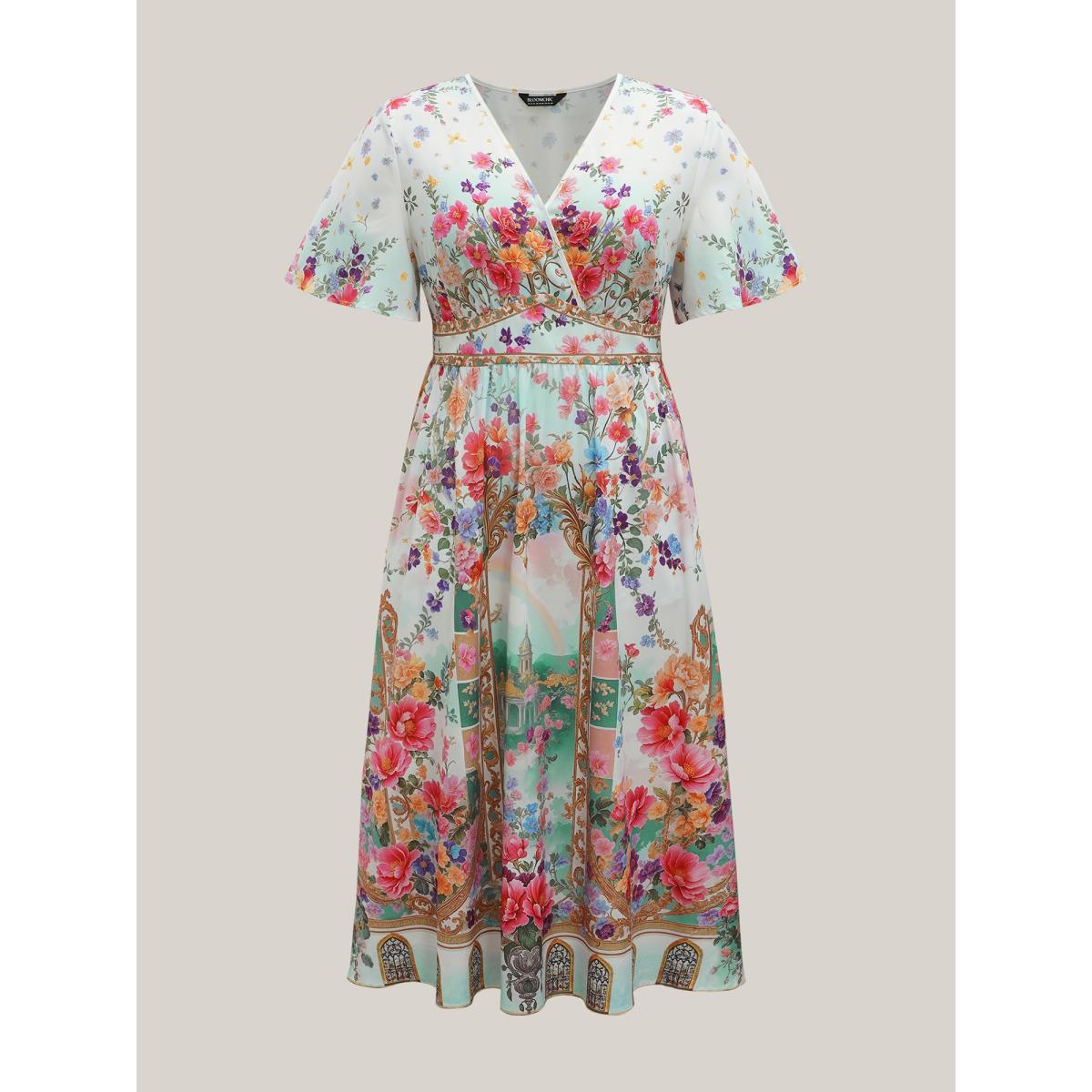 Plus Size Floral Print Wrap-Neck Flared Sleeve Maxi Dress Ivory Women Romantic Non Overlap Collar Short sleeve Curvy BloomChic 14-16/1X Product Image