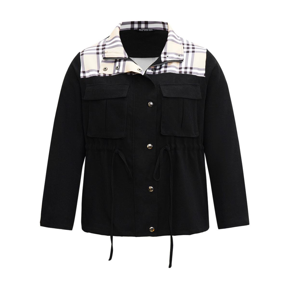 Plus Size Plaid Patchwork Drawstring Zipper Fly Flap Pocket Coat Women Black Casual Contrast Ladies Everyday Winter Coats BloomChic 28/5X Product Image