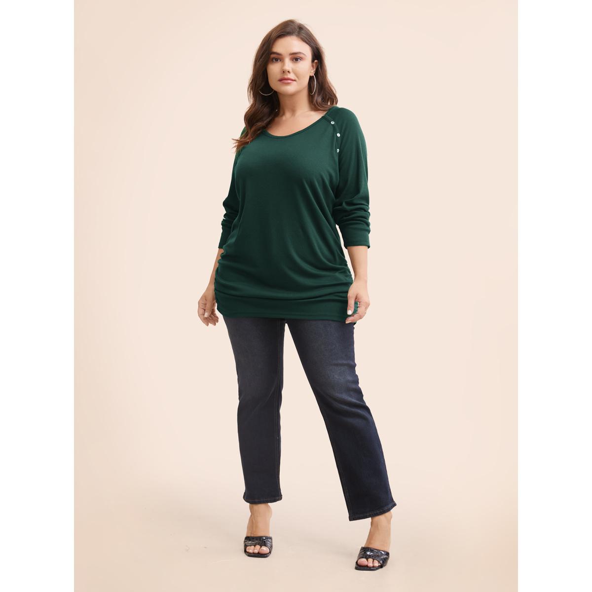 Plus Size Plain Gathered Button Detail T-shirt DarkGreen Women Casual Gathered Plain Round Neck Dailywear T-shirts BloomChic 14-16/1X Product Image