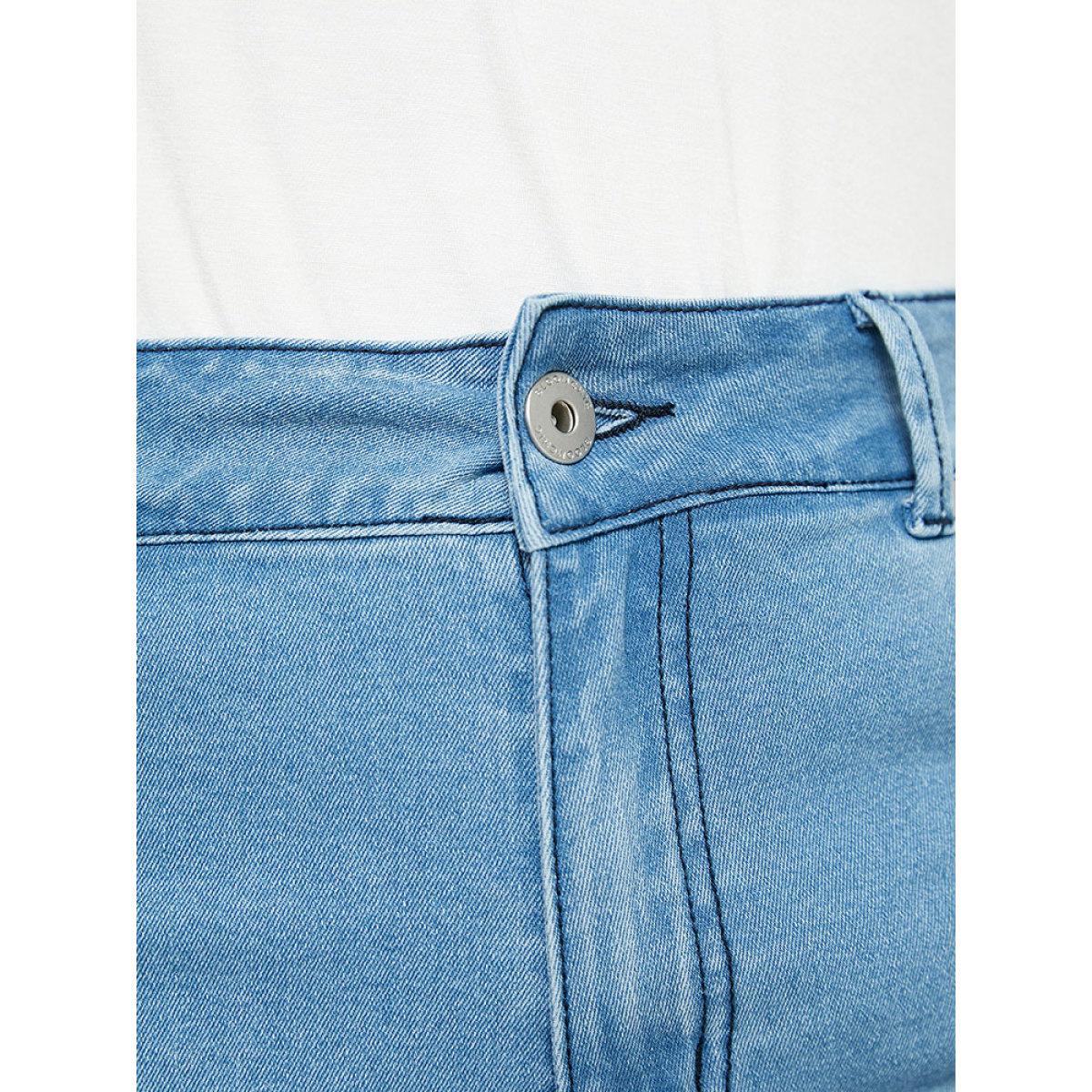 Plus Size Very Stretchy High Rise Light Wash Contrast Lace Denim Shorts Women LightBlue High stretch Dailywear Casual Denim Shorts BloomChic 12/L Product Image