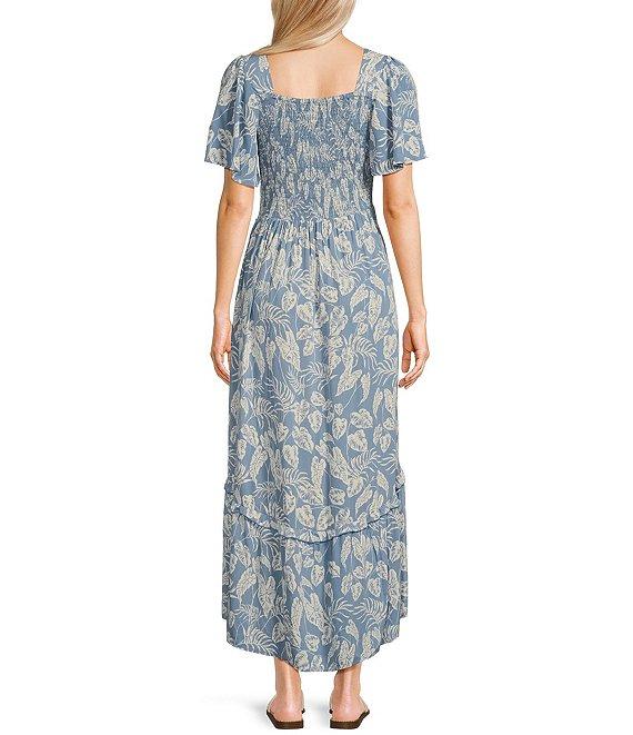 Angie Tropical Print V-Neck Short Sleeves Knot Front Keyhole High-Low Midi Dress Product Image