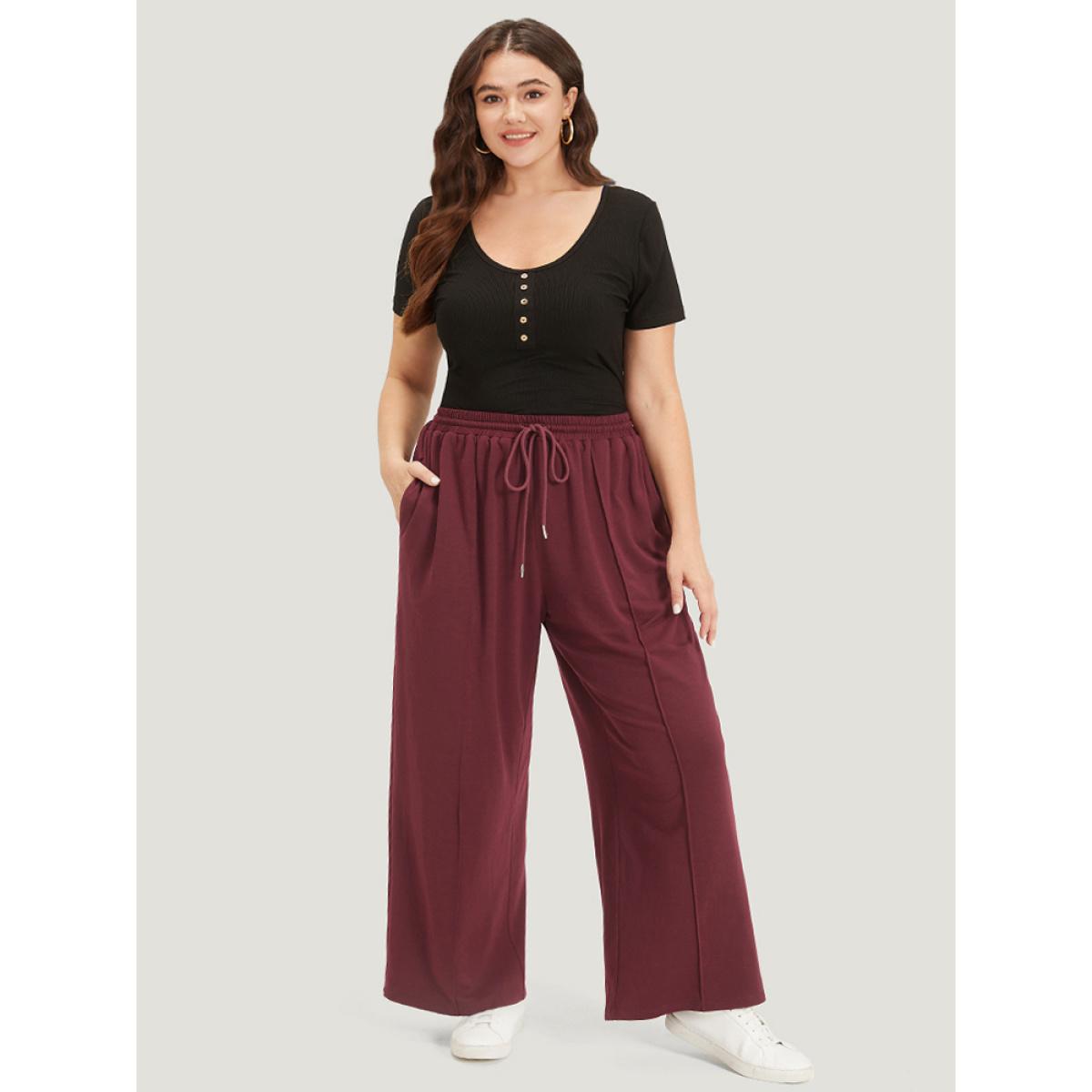 Solid Drawstring Pocket Loose Sweatpants Scarlet Plus Size Women Casual Dailywear Plain 10/M Bloomchic Product Image