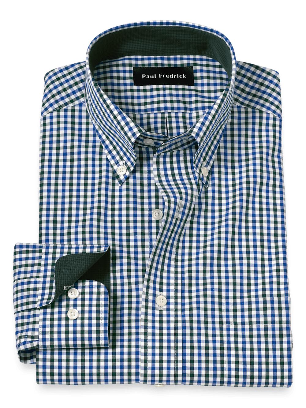 Non-Iron Cotton Gingham Dress Shirt With Contrast Trim - Blue/green Product Image