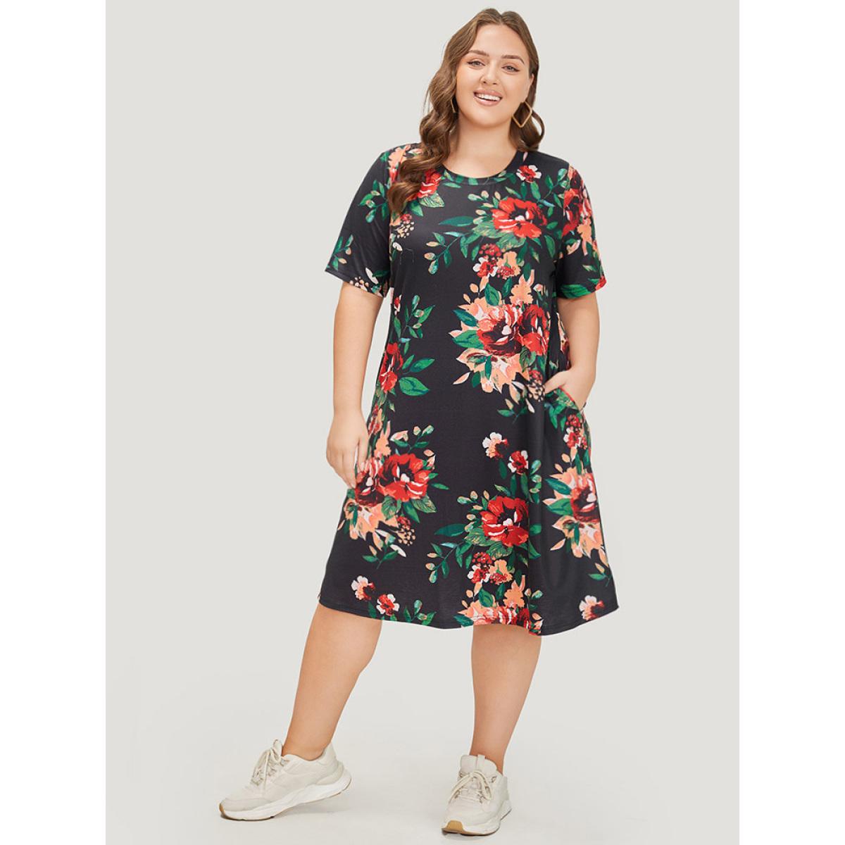 Plus Size Floral Print Pocket Midi Dress Black Women Casual Pocket Round Neck Short sleeve Curvy Midi Dress BloomChic 28/5X Product Image